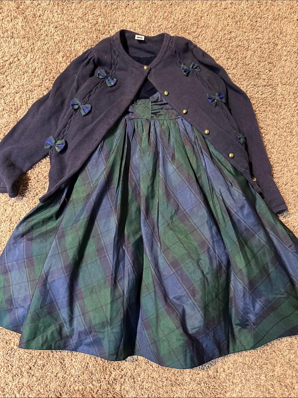 Janie and Jack Navy Cardigan with Green & Blue Plaid Dress